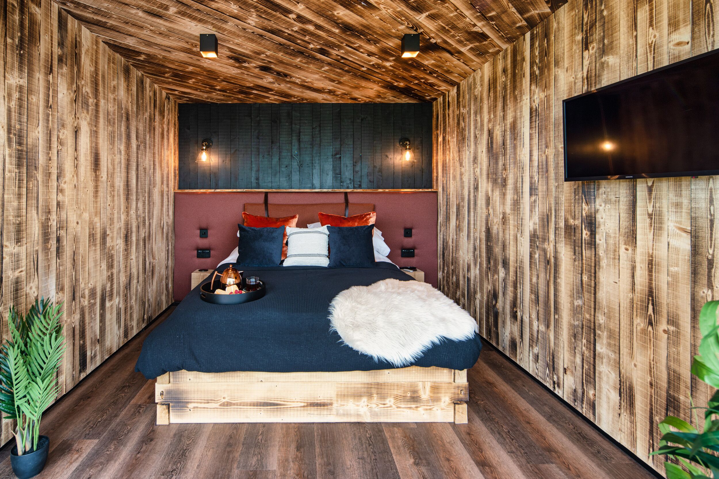 A wooden-paneled room with a bed, a flat-screen TV, and a potted plant.