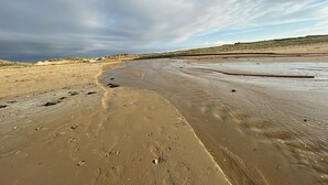 Une plage de sable avec des empreintes et un cours d’eau sinueux.