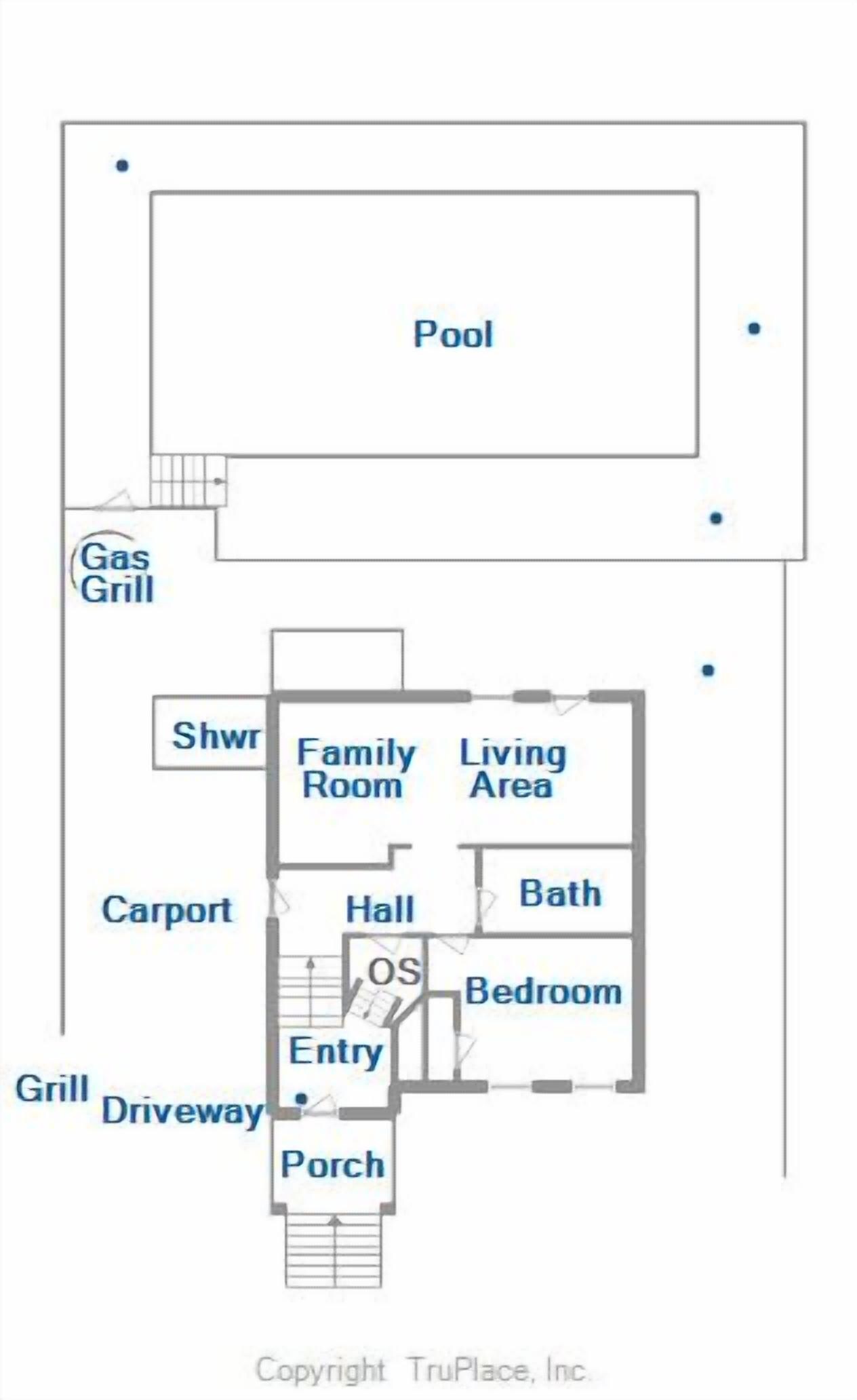 Ein Grundriss mit Pool, Familienzimmer, Wohnbereich, Flur, Schlafzimmer, Bad, Carport, Veranda, Auffahrt, Eingangsbereich, Gasgrill und WC.