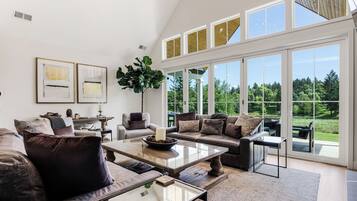 Télévision, cheminée, espaces bureaux, écrans d'ordinateur