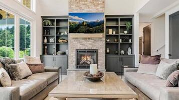 TV, fireplace, offices, computer monitors