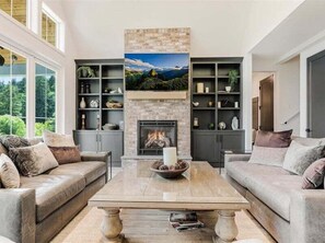 TV, fireplace, offices, computer monitors