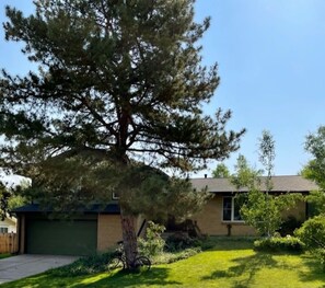 Uma casa com um grande jardim frontal, uma garagem e gramado bem cuidado.