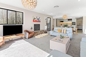 Smart TV, fireplace, books, computer monitors