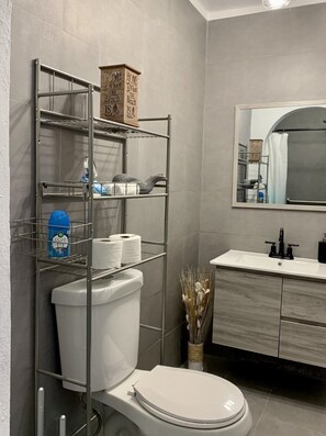 Shower, towels, soap, toilet paper
