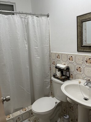 Ein Badezimmer mit Toilette, Waschbecken und Duschvorhang.
