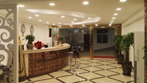 Un vestíbulo de hotel con mostrador de recepción, taburetes de bar, plantas en macetas y un suelo estampado.