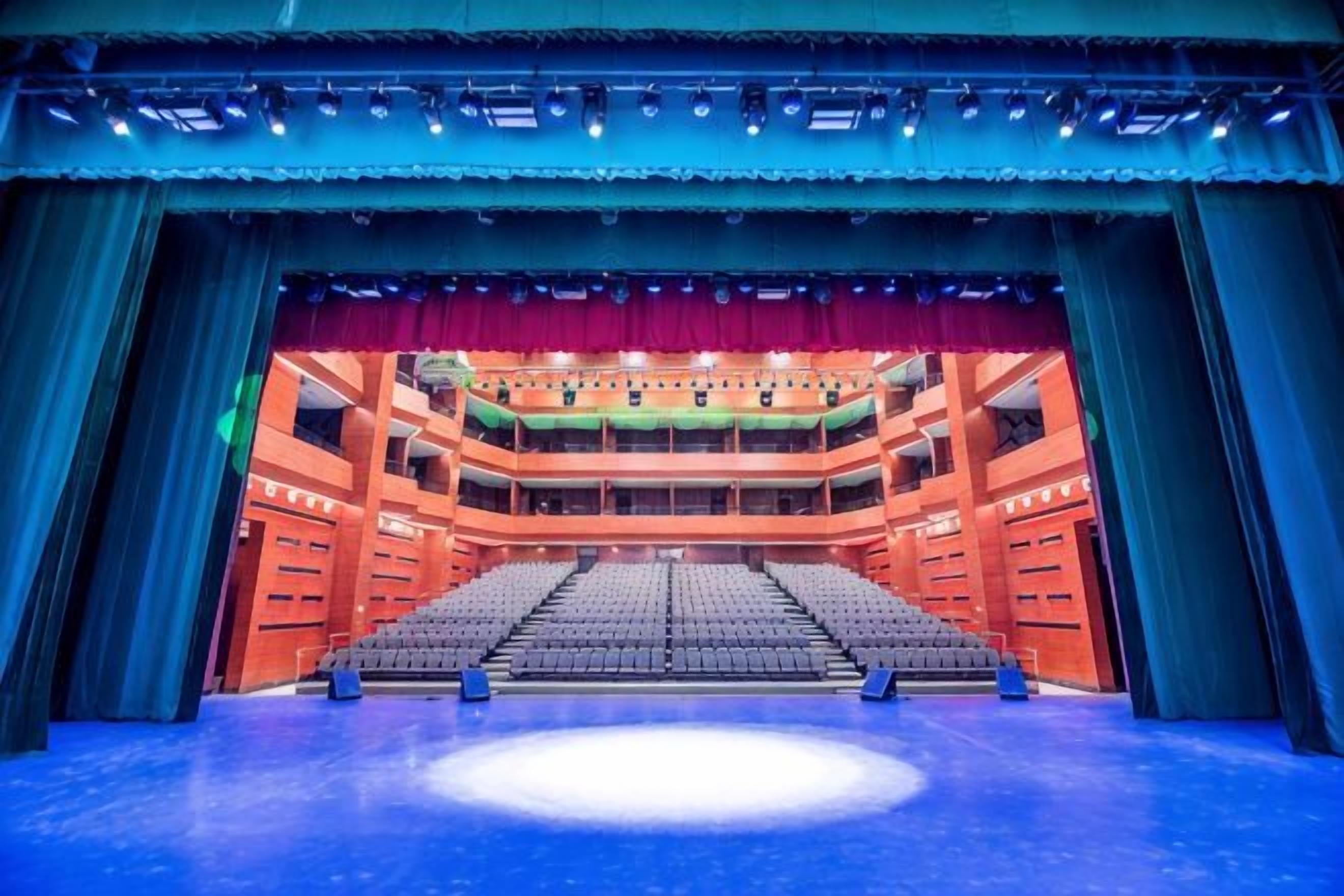 An indoor theater with a central stage, tiered seating, and a curtain backdrop.