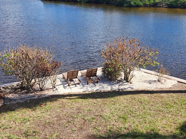 A lakeside bench area with two wooden benches and a small tree. - Large home on private penninsula with waterfront and views on three sides. (Bokeelia)