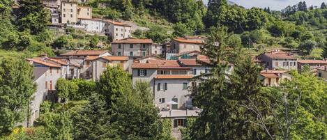 A hillside village with traditional stone buildings, terraced houses, and lush greenery.