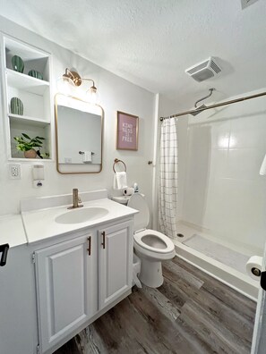 Shower, hair dryer, towels, soap