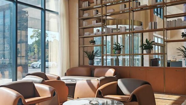 A modern library with leather seating, a marble table, and bookshelves filled with books and plants. - Qianshan Heyue Hotel (Suiyang)