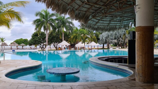 Una grande piscina all'aperto in un contesto tropicale, circondata da palme e aree lounge coperte.