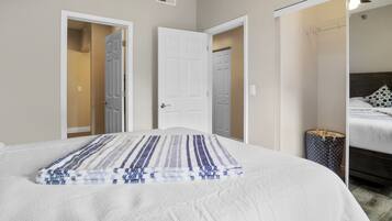 2 bedrooms, desk, blackout drapes, iron/ironing board