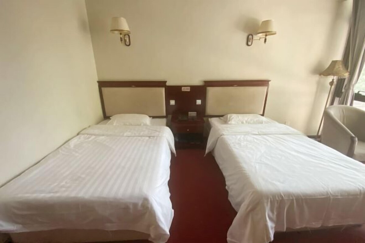A hotel room with two single beds, a red carpet, and wall-mounted lamps.