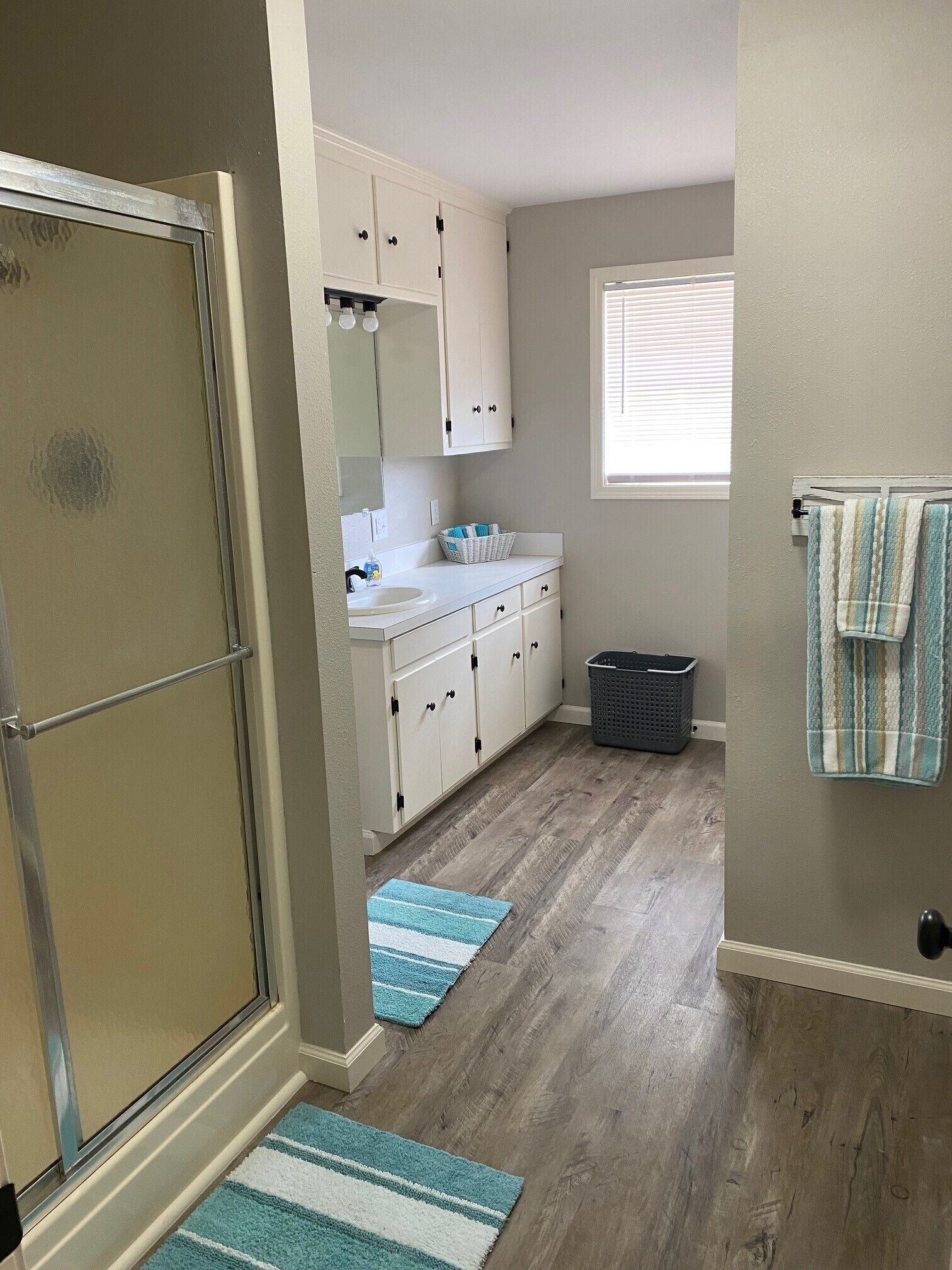 Combined shower/tub, hair dryer, towels, soap