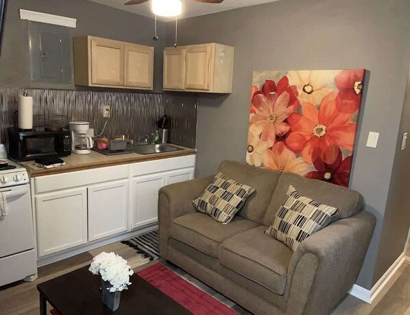 A compact living space with a kitchenette, a sofa with patterned cushions, and a floral artwork on the wall.