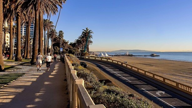 Une promenade en bord de mer bordée de palmiers, une plage et un pont.