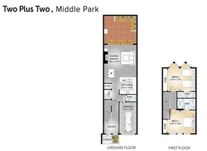 A floor plan of a two-bedroom apartment with a living/dining area, kitchen, garage, and a porch. - BOUTIQUE STAY - Two Plus Two (Middle Park)