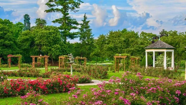 En trädgård med ett lusthus, pergola och olika blommande växter.