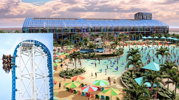 Ein großes Resort mit Glaskonstruktion, Poolbereich und Achterbahn.