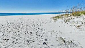 Ein sandiger Strand mit Fußspuren, die zum Wasser führen, ein klarer Himmel und spärliche Vegetation auf der rechten Seite.
