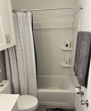 Combined shower/bathtub, hair dryer, towels, soap