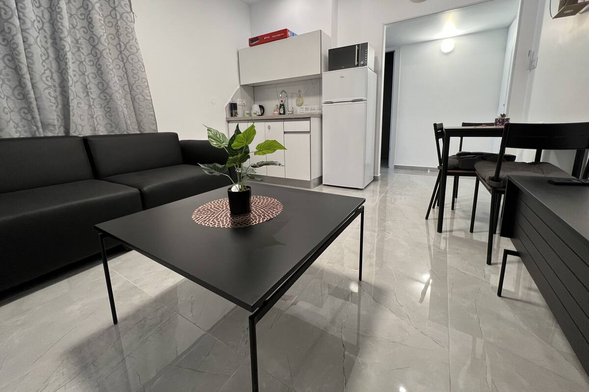 Un salon moderne avec un canapé noir, une table à manger avec des chaises, un coin cuisine avec des appareils électroménagers blancs et une plante en pot posée sur la table basse.