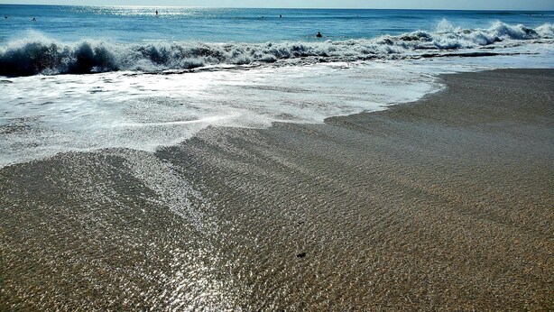 Une plage avec des vagues et un ciel dégagé.
