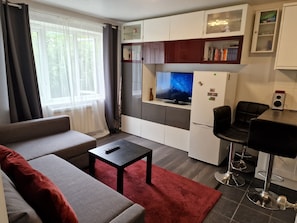 Una sala de estar moderna con un sofá, una mesa de centro, un televisor y una zona de cocina con barra.