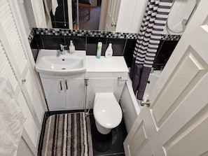 A compact bathroom with a white sink, a toilet, and a shower.