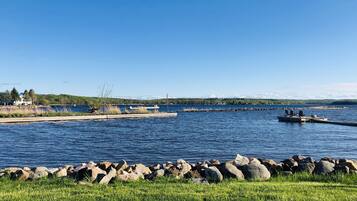 On the beach, sun-loungers, beach towels