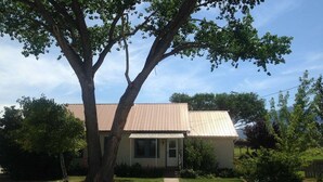 Une maison de plain-pied avec un toit en métal, un porche à l’avant et un grand arbre devant.