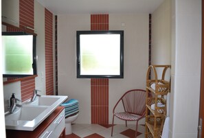 Combined shower/tub, hair dryer, towels, soap