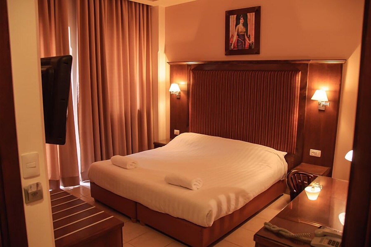 A hotel room with a large bed, two bedside lamps, a flat-screen TV, a painting on the wall, and a wooden headboard.
