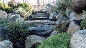 A garden with a stone pathway, large rocks, and various shrubs. - Modern & Convenient in Newstead (Newstead)