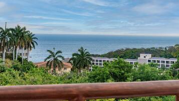A coastal view with a building complex, palm trees, and a clear sky.