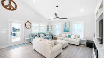 Smart TV, fireplace, books, stereo