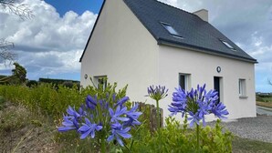 Une maison de plain-pied avec un toit en pente, une cheminée et une petite fenêtre.