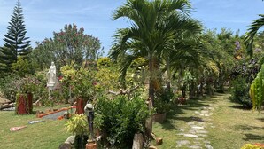 A garden with a statue, various plants, and a stone pathway. - Resting cabin with a unique garden, swimming pool and Panamanian traditions. (Guararé)