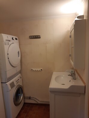 A compact bathroom with a washing machine, a sink, and a mirror. - Cottage on farm 3 miles northeast of Karlskrona (Jämjö)