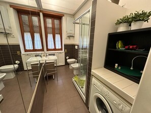 Shower, hair dryer, bidet, towels