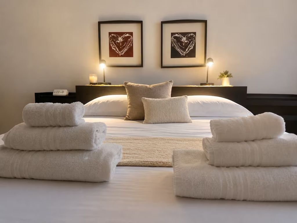 Camera d'albergo con un letto, cuscini, un comodino con una lampada e due quadri appesi al muro.