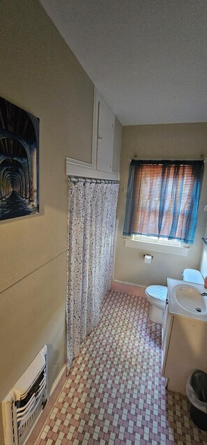 Combined shower/bathtub, hair dryer, towels, soap