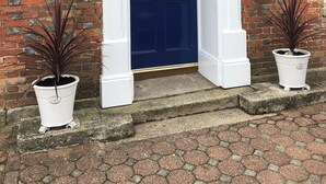 Una puerta azul con un arco blanco, flanqueada por dos macetas.