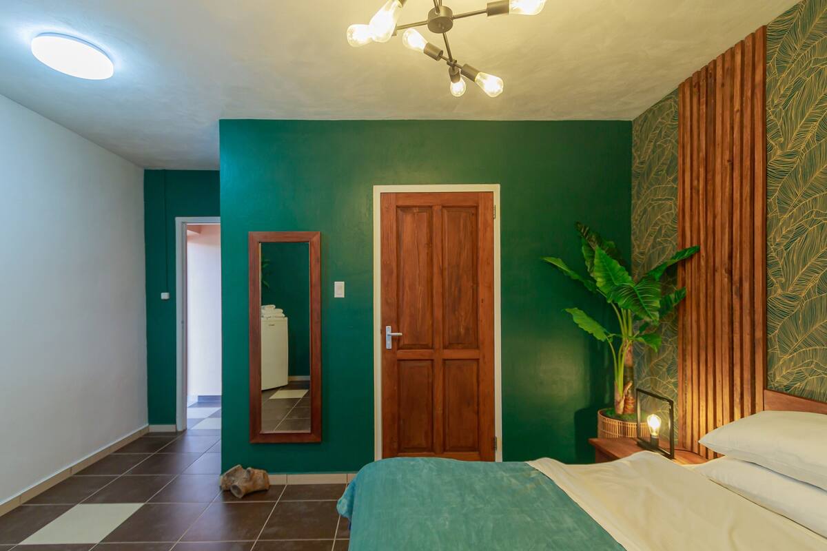 Une chambre à coucher avec un lit, un miroir, une porte, une plante et un luminaire au plafond.