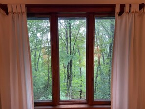 Guests can enjoy a serene forest view from the comfort of their room.