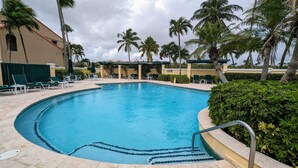 A swimming pool with lounge chairs and palm trees. - Shell Beach House - Garden Unit, Steps to Beach! (Palmas del Mar)