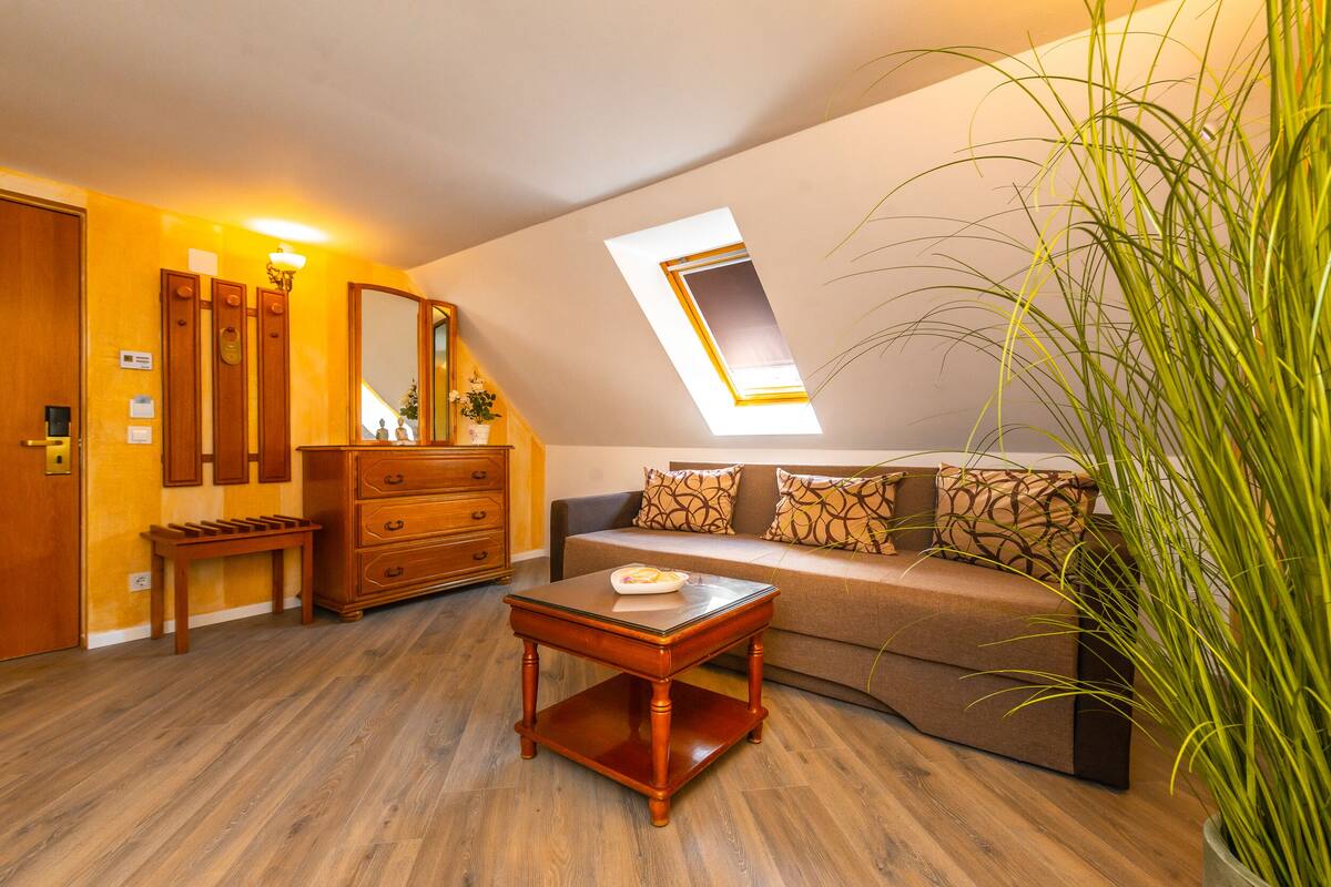 A room with a wooden floor, a sofa with patterned cushions, a wooden side table, a dresser, a mirror, and a skylight.