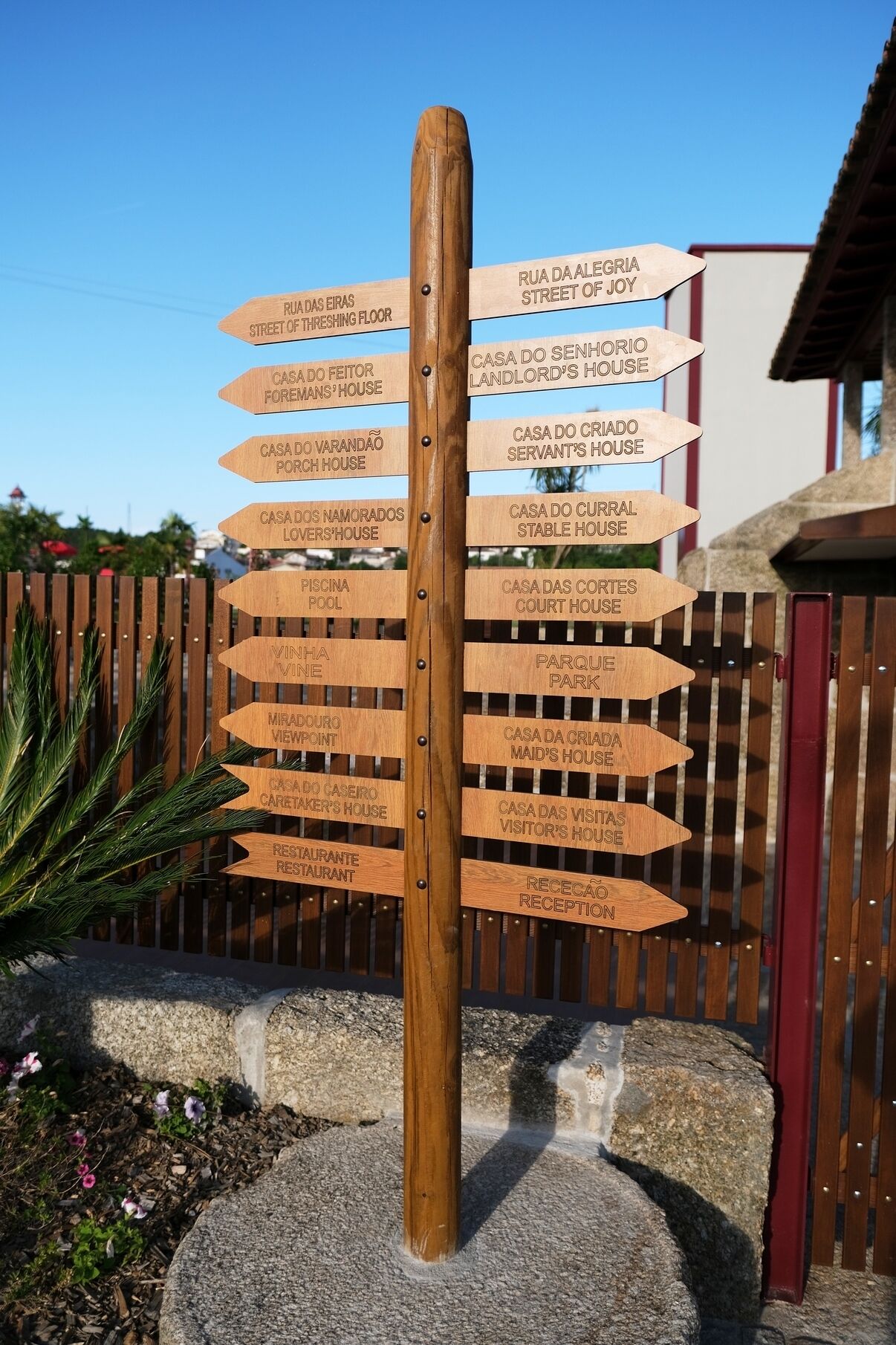 A wooden signpost with multiple directional arrows pointing to various labeled locations such as "Rua da Alegria Street of Joy" and "Casa do Senhorio Landlord's House".